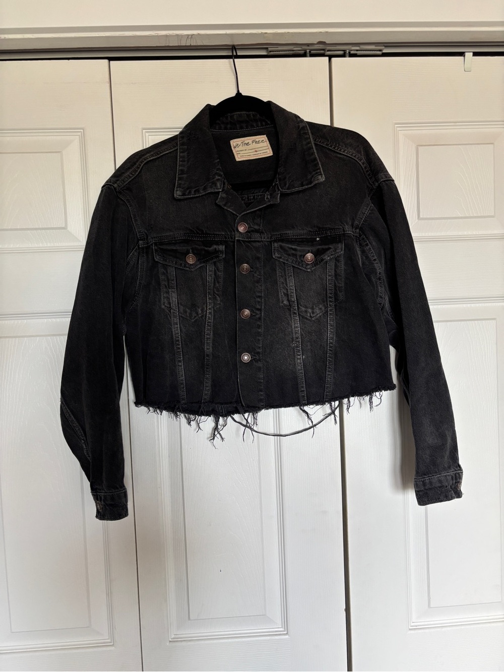 We The Free Black Cropped Distressed Denim Jacket